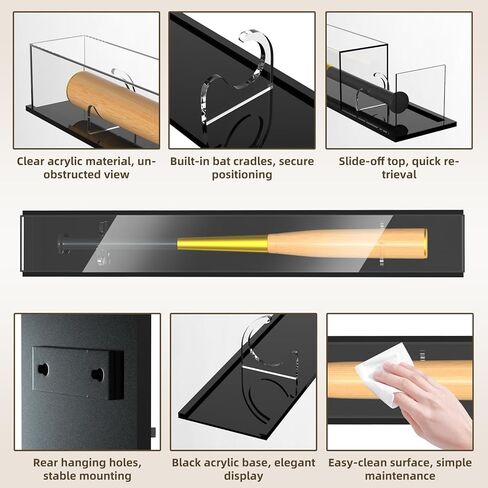 Baseball Bat Display Case, Black Acrylic Bat Display Case, UV Protection, Wall Mount or Tabletop Holder, Fits 36" Bats, Clear Collectible Case for Memorabilia, 39" x 5.9" in Kuwait