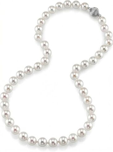 The Pearl Source 18K Gold 7.5-8.0mm Round Genuine White Japanese Akoya Saltwater Cultured Pearl Necklace in 18" Princess Length for Women in Saudi Arabia