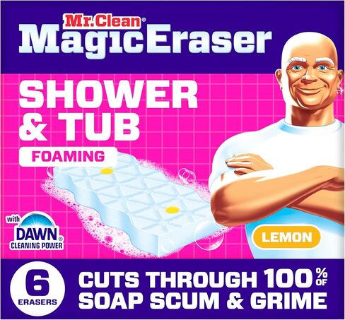 Mr. Clean Magic Eraser Sponge, Bathroom, Shower, Tub Cleaner, Soap Scum Remover, Bathroom Cleaning Supplies, Dawn Cleaning Power with Lemon Scent, Shower & Tub, 6ct in Kuwait