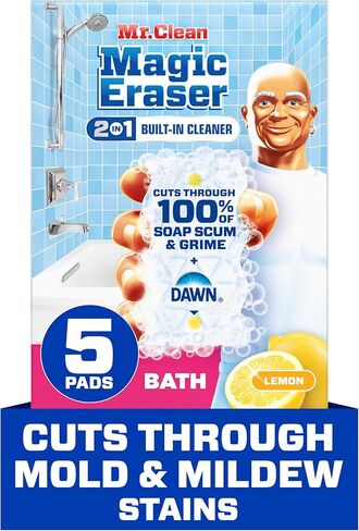 Mr. Clean Magic Eraser Sponge, Bathroom, Shower, Tub Cleaner, Soap Scum Remover, Bathroom Cleaning Supplies, Dawn Cleaning Power with Lemon Scent, Shower & Tub, 6ct in Kuwait