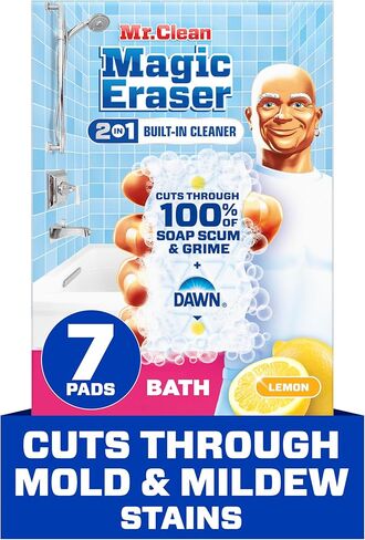 Mr. Clean Magic Eraser Sponge, Bathroom, Shower, Tub Cleaner, Soap Scum Remover, Bathroom Cleaning Supplies, Dawn Cleaning Power with Lemon Scent, Shower & Tub, 6ct in Kuwait