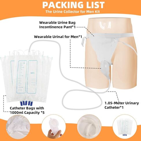جهاز تجميع البول يمكن ارتداؤه مع 5 أكياس بول من السيليكون قابلة لإعادة الاستخدام (1000 مل)، وقسطرة خارجية محمولة، وسراويل ثابتة من القطن تسمح بمرور الهواء ومضادة للتسرب ومضادة للارتجاع للرجال والمسنين والمرضى طريحي الفراش in Kuwait