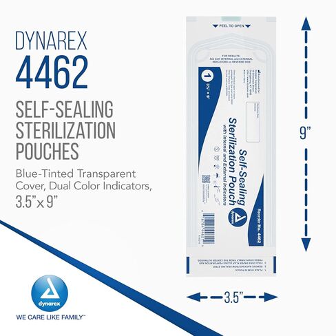 Dynarex Sterilization Pouches - Self-Sealing Autoclave Bags for Medical, Dental, Tattoo & Nail Care Tools - Blue-Tinted Transparent Cover, Dual Color Indicators - 3.5" x 9", 20 Boxes of 200 in Saudi Arabia