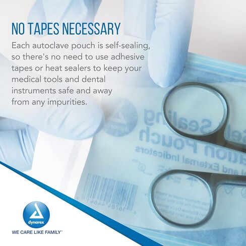 Dynarex Sterilization Pouches - Self-Sealing Autoclave Bags for Medical, Dental, Tattoo & Nail Care Tools - Blue-Tinted Transparent Cover, Dual Color Indicators - 3.5" x 9", 20 Boxes of 200 in Saudi Arabia