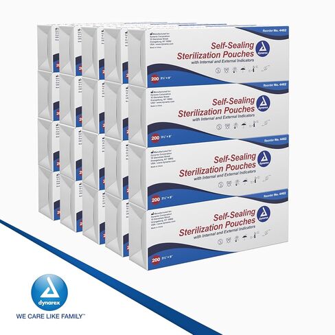 Dynarex Sterilization Pouches - Self-Sealing Autoclave Bags for Medical, Dental, Tattoo & Nail Care Tools - Blue-Tinted Transparent Cover, Dual Color Indicators - 3.5" x 9", 20 Boxes of 200 in Saudi Arabia