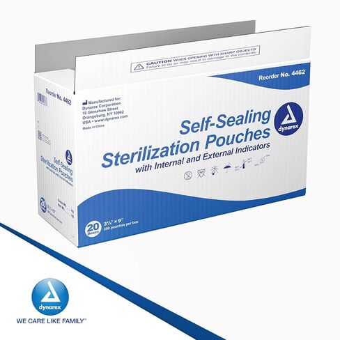 Dynarex Sterilization Pouches - Self-Sealing Autoclave Bags for Medical, Dental, Tattoo & Nail Care Tools - Blue-Tinted Transparent Cover, Dual Color Indicators - 3.5" x 9", 20 Boxes of 200 in Saudi Arabia