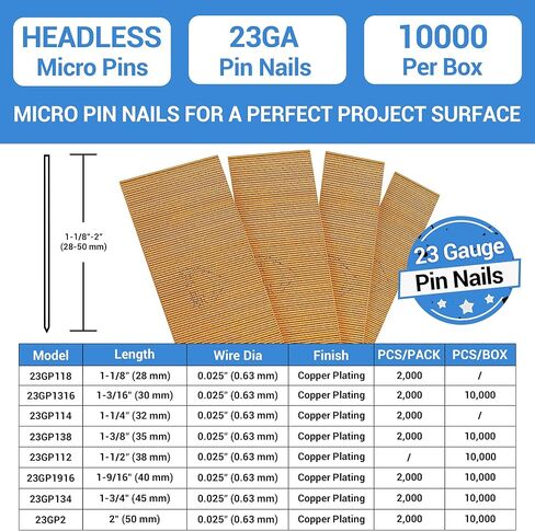 meite 23 Gauge Pin Nails, 1-1/2-Inch Micro Headless Pins for Pin Nailer - Copper Plated Pins Nails for Nail Gun, Ideal for Fine Woodworking and Trim Work (10,000 PCS) in Saudi Arabia