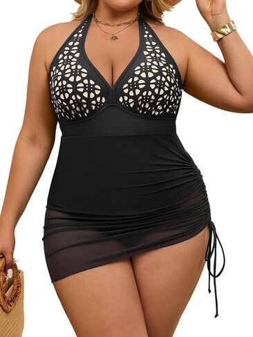 Aidonger Plus Size One Piece Swimsuit Tummy Control Swim Dress Halter Bathing Suit Side Tie Swimdress Cutout Swimwear in Saudi Arabia