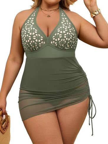 Aidonger Plus Size One Piece Swimsuit Tummy Control Swim Dress Halter Bathing Suit Side Tie Swimdress Cutout Swimwear in Saudi Arabia