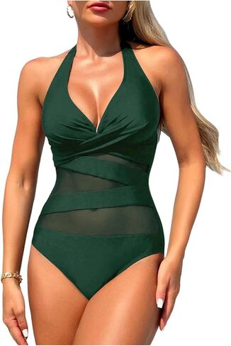 بدلة سباحة نسائية من SHENHE مكونة من قطعة واحدة وتحكم في البطن ورقبة على شكل حرف V شبكية in Kuwait