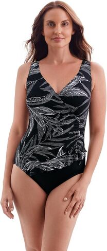 Longitude Women's Plus Swimwear by Mimi Flamingo Women's Leaf Encounter Ruffle Surplice One Piece Swimsuit, Black/White, 22 in Saudi Arabia