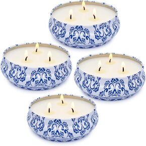 Citronella Candles Outdoor 3-Wicks Natural Soy Wax 5.0oz Candles for Patio, Set of 4, Blue and White, Citronella Candle, 4 x 5.0oz in Saudi Arabia