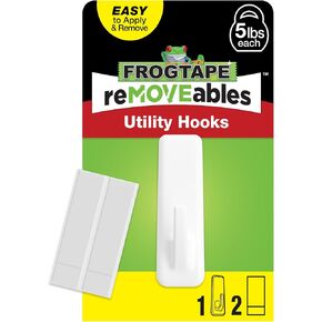 خطاف جداري قابل للإزالة من FrogTape خالٍ من التلف - 6 خطافات قابلة لإعادة الاستخدام و12 شريط لاصق - يحمل ما يصل إلى 5 رطل - خطافات حائط كبيرة لاصقة قابلة للإزالة للتعليق - بدون أظافر - أبيض (عبوة من 6 قطع) in Kuwait
