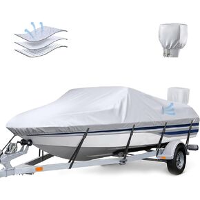 Trailerable Boat Cover with Motor Cover, Waterproof 17'-19' Marine Grade Heavy Duty Polyester Canvas, Fit Bass Boat, V-Hull, Pro-Style, Runabout, Fishing, Ski Boat with Tightening Strap, Black in Kuwait