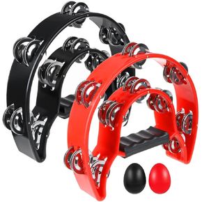 2 Pack 10" Half Moon Musical Tambourine Double Row Metal Jingles Hand Held Percussion Drum Multicolor for Adults, KTV Party with Ergonomic Handle Grip (Pink & White) in Kuwait