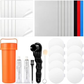 Gejoy Inflatable Boat Pool Patch Repair Kit, 20 Pcs Heavy Duty Self Adhesive PVC TPU Patches with 2 x 30 ml Waterproof Glue, Air Valve Wrench & Storage Bucket for Air Mattress Swimming Ring Liner in Kuwait