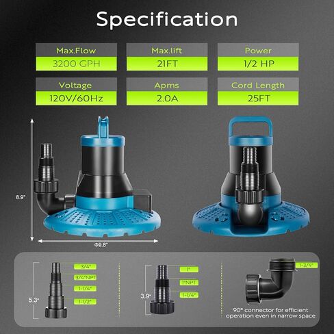 1/3 HP Automatic Pool Cover Pump, 2600 GPH Submersible Sump Pump with Auto On/Off, 25 ft Cord, 3/4" NPT Outlet, for Above Ground & Inground Pool Covers, Rooftop Drainage, UL Listed in Saudi Arabia