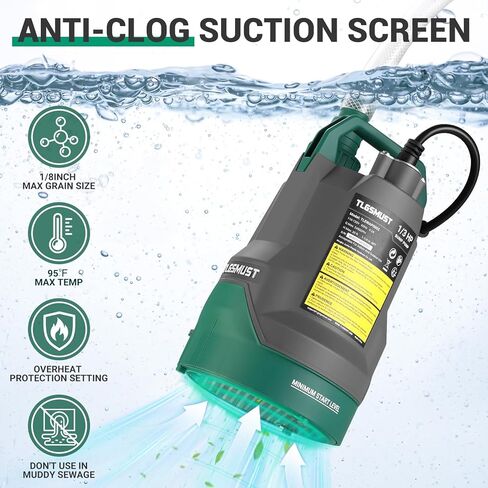 Electric Submersible Water Pump: Tlgsmust 1/3 HP Utility Pump, 2450GPH Thermoplastic Electric Portable Water Pump High Flow Water Removal for Swimming Pool Basement Flood Garden Pond Draining, Green in Saudi Arabia