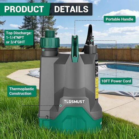Electric Submersible Water Pump: Tlgsmust 1/3 HP Utility Pump, 2450GPH Thermoplastic Electric Portable Water Pump High Flow Water Removal for Swimming Pool Basement Flood Garden Pond Draining, Green in Saudi Arabia