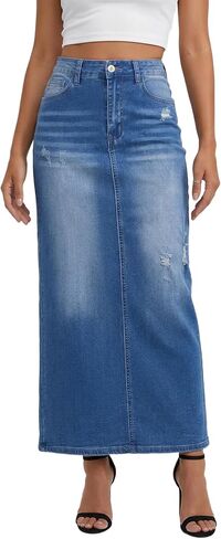 Women's High Waisted Long Denim Skirt with Back Slit Distressed Holes Stretch Whisker Wash in Kuwait