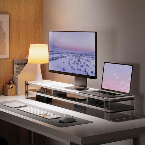 Fenge Acrylic Monitor Stand Riser, Clear Dual Acrylic Computer Monitor Stand for 2 Monitors, 2 Tier Wood Office Desk Storage Organizer for Laptop, Computer, TV Stand in Kuwait