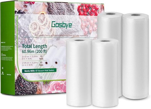 أكياس مانعة للتسرب من Gasbye، بكرات أكياس بطول 200 قدم مع 8 بوصات × 50 بوصة (كرتان) و11 بوصة × 50 بوصة (كرتان)، تصميم 7 طبقات فائق السماكة مضاد للثقب لتخزين الطعام محكم الغلق وفيديو صوتي، خالية من مادة BPA، 4 عبوات in Kuwait