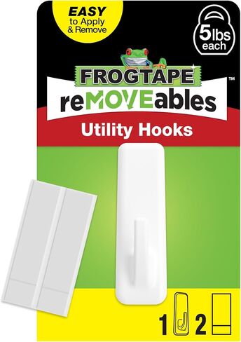 خطاف جداري قابل للإزالة من FrogTape خالٍ من التلف - 6 خطافات قابلة لإعادة الاستخدام و12 شريط لاصق - يحمل ما يصل إلى 5 رطل - خطافات حائط كبيرة لاصقة قابلة للإزالة للتعليق - بدون أظافر - أبيض (عبوة من 6 قطع) in Kuwait