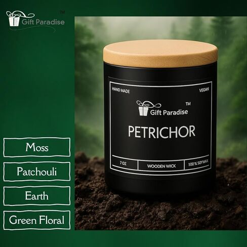 شمعة ما بعد المطر من Gift Paradise® (Petrichor) - شمعة شمع الصويا بوزن 7 أونصة مع فتيل خشبي، رائحة المطر الترابية المنعشة، حرق طويل الأمد، رائحة طبيعية مهدئة، هدية برطمان زجاجي فاخر للمنزل والمكتب in Saudi Arabia