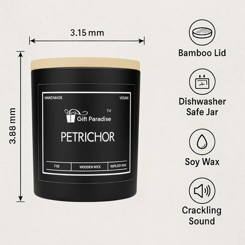 شمعة ما بعد المطر من Gift Paradise® (Petrichor) - شمعة شمع الصويا بوزن 7 أونصة مع فتيل خشبي، رائحة المطر الترابية المنعشة، حرق طويل الأمد، رائحة طبيعية مهدئة، هدية برطمان زجاجي فاخر للمنزل والمكتب in Saudi Arabia