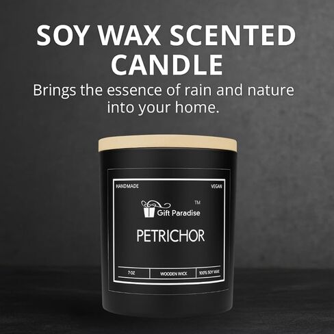 شمعة ما بعد المطر من Gift Paradise® (Petrichor) - شمعة شمع الصويا بوزن 7 أونصة مع فتيل خشبي، رائحة المطر الترابية المنعشة، حرق طويل الأمد، رائحة طبيعية مهدئة، هدية برطمان زجاجي فاخر للمنزل والمكتب in Saudi Arabia
