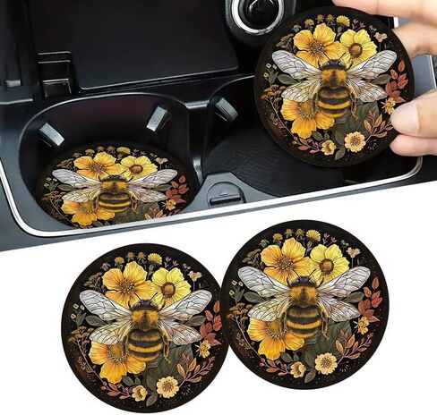 2-Pack Bee & Flowers Design Car Coasters, 2.75-inch, Non-Slip, Black Synthetic Faux Leather Drink Mats, Vehicle Cup Holder Protectors, Durable PU Coasters for Car Interior, Ideal Festive Gift in Saudi Arabia