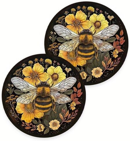 2-Pack Bee & Flowers Design Car Coasters, 2.75-inch, Non-Slip, Black Synthetic Faux Leather Drink Mats, Vehicle Cup Holder Protectors, Durable PU Coasters for Car Interior, Ideal Festive Gift in Saudi Arabia