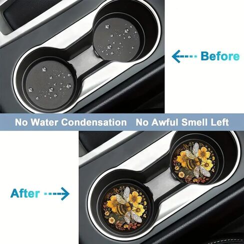 2-Pack Bee & Flowers Design Car Coasters, 2.75-inch, Non-Slip, Black Synthetic Faux Leather Drink Mats, Vehicle Cup Holder Protectors, Durable PU Coasters for Car Interior, Ideal Festive Gift in Saudi Arabia