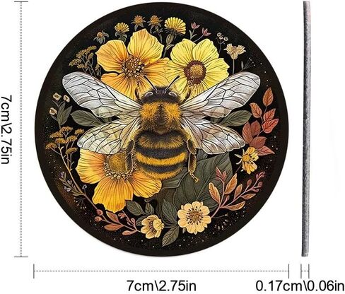 2-Pack Bee & Flowers Design Car Coasters, 2.75-inch, Non-Slip, Black Synthetic Faux Leather Drink Mats, Vehicle Cup Holder Protectors, Durable PU Coasters for Car Interior, Ideal Festive Gift in Saudi Arabia