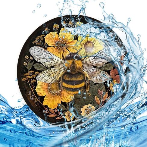 2-Pack Bee & Flowers Design Car Coasters, 2.75-inch, Non-Slip, Black Synthetic Faux Leather Drink Mats, Vehicle Cup Holder Protectors, Durable PU Coasters for Car Interior, Ideal Festive Gift in Saudi Arabia