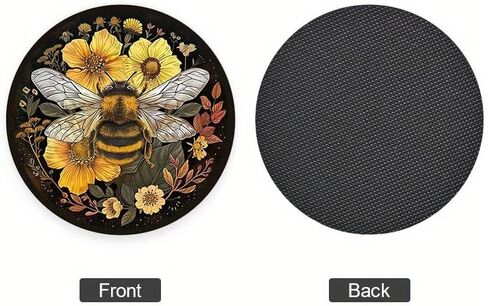 2-Pack Bee & Flowers Design Car Coasters, 2.75-inch, Non-Slip, Black Synthetic Faux Leather Drink Mats, Vehicle Cup Holder Protectors, Durable PU Coasters for Car Interior, Ideal Festive Gift in Saudi Arabia