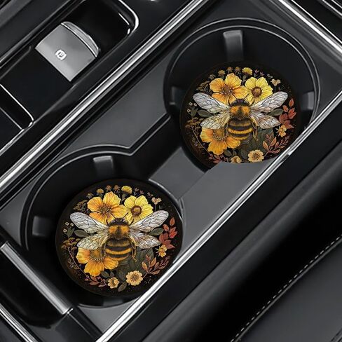 2-Pack Bee & Flowers Design Car Coasters, 2.75-inch, Non-Slip, Black Synthetic Faux Leather Drink Mats, Vehicle Cup Holder Protectors, Durable PU Coasters for Car Interior, Ideal Festive Gift in Saudi Arabia