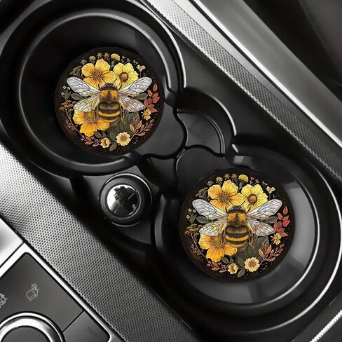 2-Pack Bee & Flowers Design Car Coasters, 2.75-inch, Non-Slip, Black Synthetic Faux Leather Drink Mats, Vehicle Cup Holder Protectors, Durable PU Coasters for Car Interior, Ideal Festive Gift in Saudi Arabia