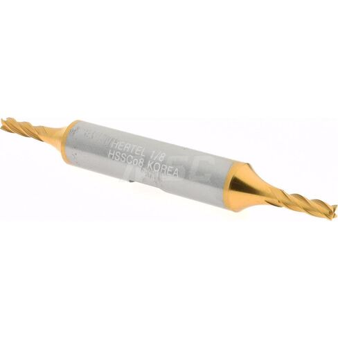 Hertel Cobalt Square End Mill, TiN Finish, 1/8" Cutting Diameter, 3/8" LOC, 4 Flute, 3/8" Shank Diameter, 3-1/16" OAL, 30° Helix, Double End in Saudi Arabia