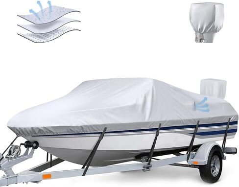 Trailerable Boat Cover with Motor Cover, Waterproof 17'-19' Marine Grade Heavy Duty Polyester Canvas, Fit Bass Boat, V-Hull, Pro-Style, Runabout, Fishing, Ski Boat with Tightening Strap, Black in Kuwait