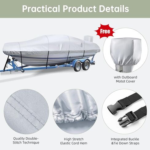 Trailerable Boat Cover with Motor Cover, Waterproof 17'-19' Marine Grade Heavy Duty Polyester Canvas, Fit Bass Boat, V-Hull, Pro-Style, Runabout, Fishing, Ski Boat with Tightening Strap, Black in Kuwait