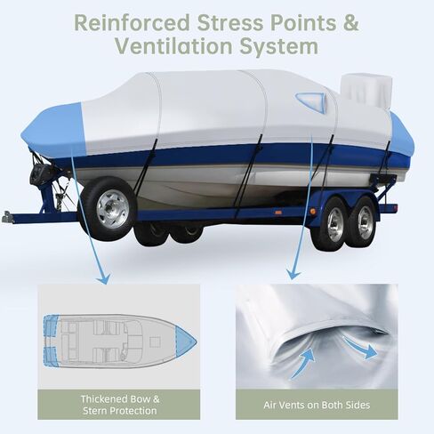 Trailerable Boat Cover with Motor Cover, Waterproof 17'-19' Marine Grade Heavy Duty Polyester Canvas, Fit Bass Boat, V-Hull, Pro-Style, Runabout, Fishing, Ski Boat with Tightening Strap, Black in Kuwait