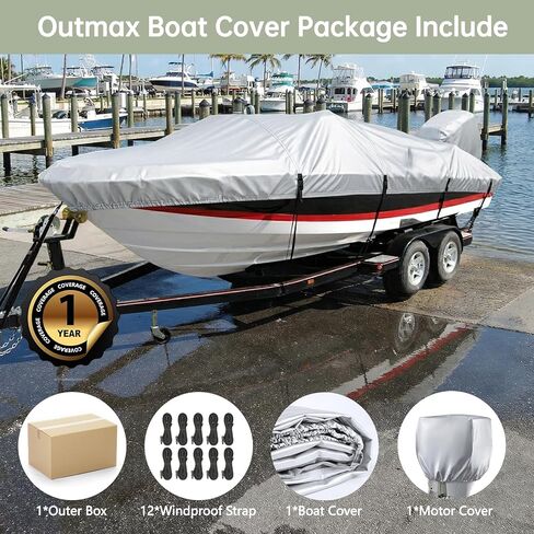 Trailerable Boat Cover with Motor Cover, Waterproof 17'-19' Marine Grade Heavy Duty Polyester Canvas, Fit Bass Boat, V-Hull, Pro-Style, Runabout, Fishing, Ski Boat with Tightening Strap, Black in Kuwait