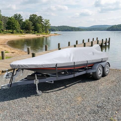 Trailerable Boat Cover with Motor Cover, Waterproof 17'-19' Marine Grade Heavy Duty Polyester Canvas, Fit Bass Boat, V-Hull, Pro-Style, Runabout, Fishing, Ski Boat with Tightening Strap, Black in Kuwait