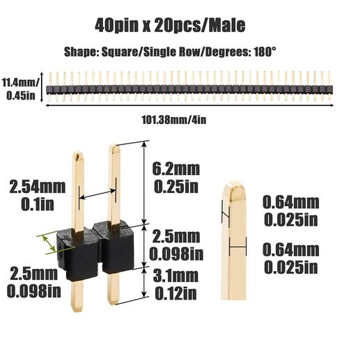 20Pcs 40Pin Male Headers Pins Straight Single Row Gold Plated Pitch 2.54mm 0.1 inch Breakaway for PCB Connector Machine Breadboard Electronic Circuit Board in Saudi Arabia