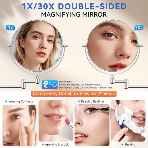 1X/30X Wall Mounted Makeup Mirror, 30X Magnifying Double-Sided Mirror with Tweezers, Bathroom Vanity Makeup Mirror, Cosmetic Mirror with 360 Rotation Extendable Swivel Arm, Chrome in Kuwait