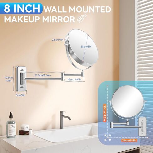 1X/30X Wall Mounted Makeup Mirror, 30X Magnifying Double-Sided Mirror with Tweezers, Bathroom Vanity Makeup Mirror, Cosmetic Mirror with 360 Rotation Extendable Swivel Arm, Chrome in Kuwait