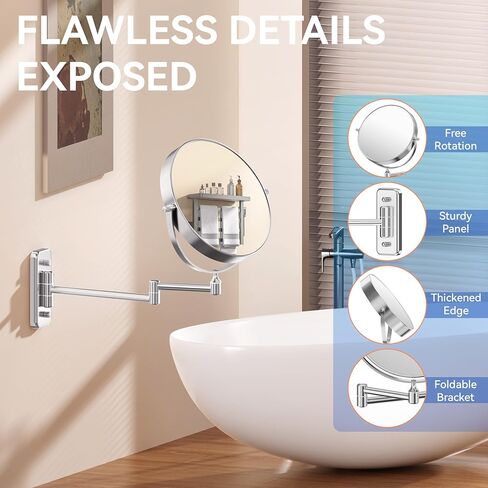 1X/30X Wall Mounted Makeup Mirror, 30X Magnifying Double-Sided Mirror with Tweezers, Bathroom Vanity Makeup Mirror, Cosmetic Mirror with 360 Rotation Extendable Swivel Arm, Chrome in Kuwait