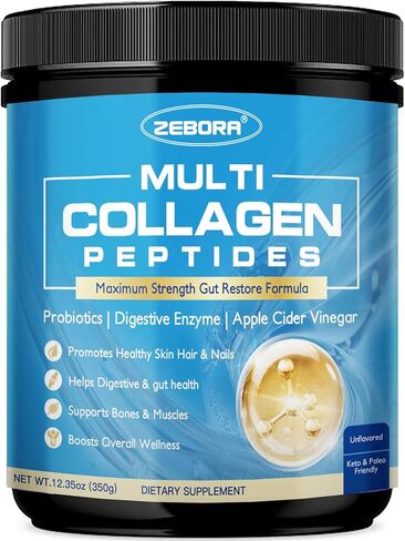 ZEBORA Multi Collagen Peptides Powder with Probiotic for Gut Health, Hydrolyzed Collagen with Digestive Enzymes, Prebiotics for Women, Support Digestive Health, Skin, Hair, Joints, Non-GMO,35 Servings in Kuwait