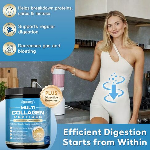 ZEBORA Multi Collagen Peptides Powder with Probiotic for Gut Health, Hydrolyzed Collagen with Digestive Enzymes, Prebiotics for Women, Support Digestive Health, Skin, Hair, Joints, Non-GMO,35 Servings in Kuwait